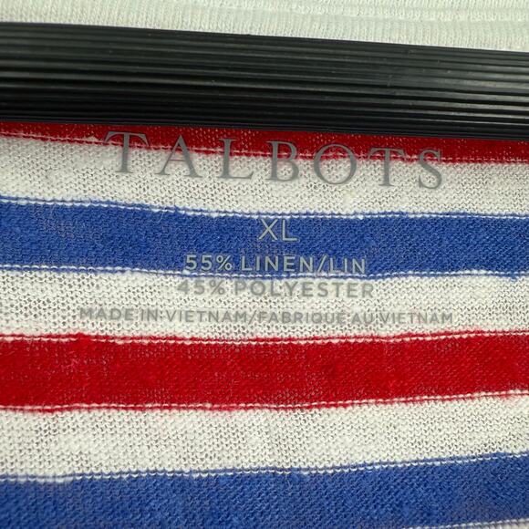 Talbots Sz XL LINEN BLEND Short Sleeve Red White Blue Blouse Shirt Top Patriotic - Picture 2 of 6